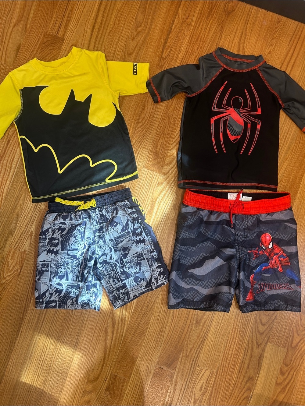 Marvel Kids Yellow Black Batman & Red Black Spider-Man Rashguard Swim Set 4-5